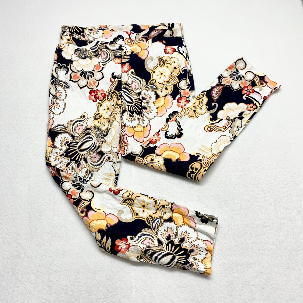 Chico's Floral Paisley Ankle Pants Women Sz 8 1 Navy Orange Cotton Rayon Stretch